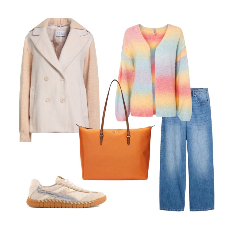 Outfit donna - Outfit colorato inverno. Stile Casual per Scuola/Università. Abbinamento con caban, cardigans, jeans dritti, borse tote, sneakers.