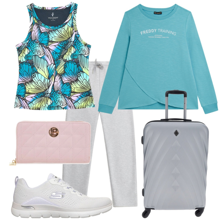 Outfit donna - Viaggio comoda. Stile Casual per Tutti i giorni. Abbinamento con pantaloni sportivi, felpe, canottiere, scarpe sportive, portafogli, valigie.