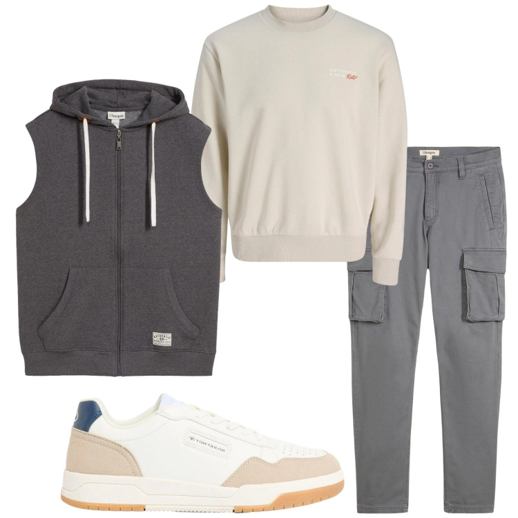 Outfit uomo - In città. Stile Casual per Tutti i giorni. Abbinamento con pantaloni cargo, sneakers, felpe, gilet.