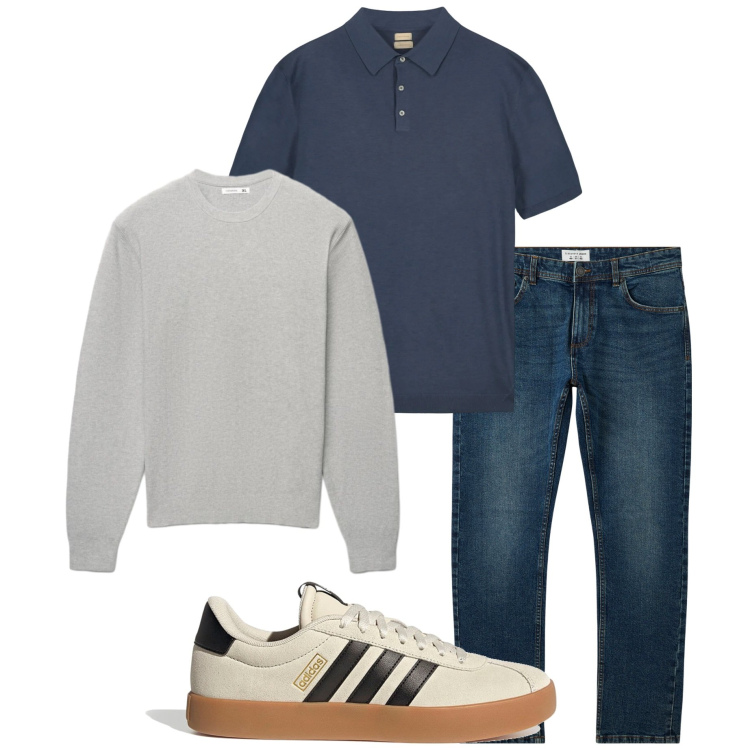 Outfit uomo - Casual style. Stile Casual per Tutti i giorni. Abbinamento con jeans, maglieria, sneakers, polo.