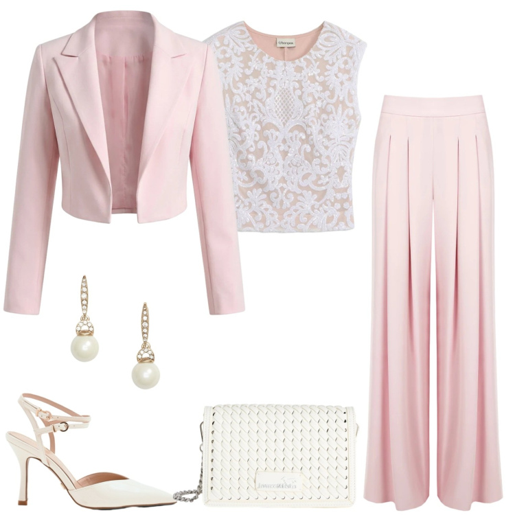 Outfit donna - Cerimonia. Stile Chic per Cerimonia. Abbinamento con canottiere, pantaloni a palazzo, décolleté, bolero, borse a tracolla, orecchini.