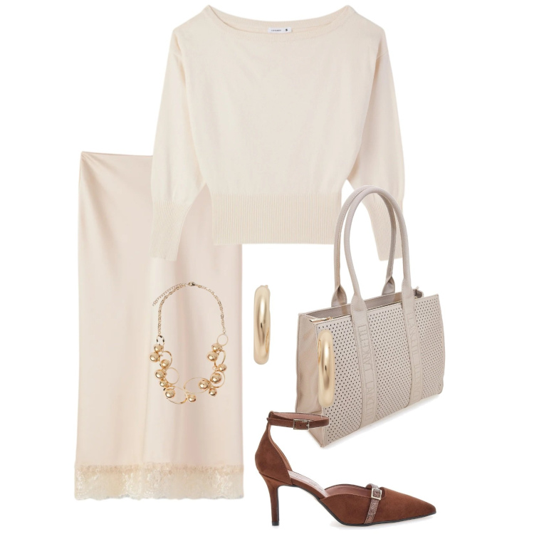 Outfit donna - Total look #2377714. Stile Chic per Serata fuori. Abbinamento con gonne longuette, pullovers, collane, orecchini, borse a spalla, décolleté.