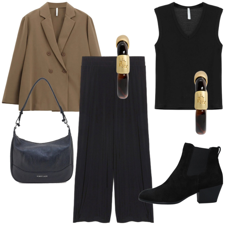 Outfit donna - Pantaloni wide leg. Stile Bon Ton per Ufficio. Abbinamento con stivaletti chelsea, pantaloni, top, blazer, orecchini, borse a tracolla.