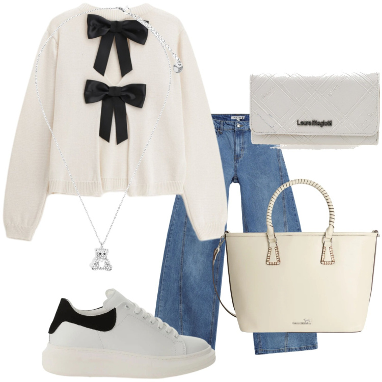 Outfit donna - I fiocchi dietro. Stile Trendy per Tutti i giorni. Abbinamento con shopping bag, maglieria, jeans, sneakers, ciondoli, portafogli.