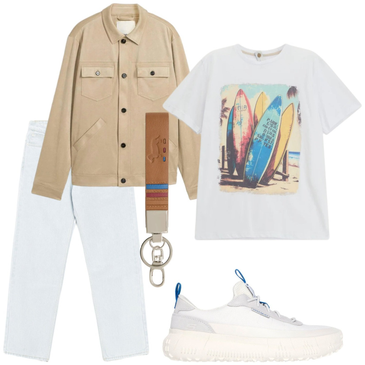 Outfit uomo - Colori chiari. Stile Trendy per Tutti i giorni. Abbinamento con cappotti, t-shirt, jeans, portachiavi, sneakers.