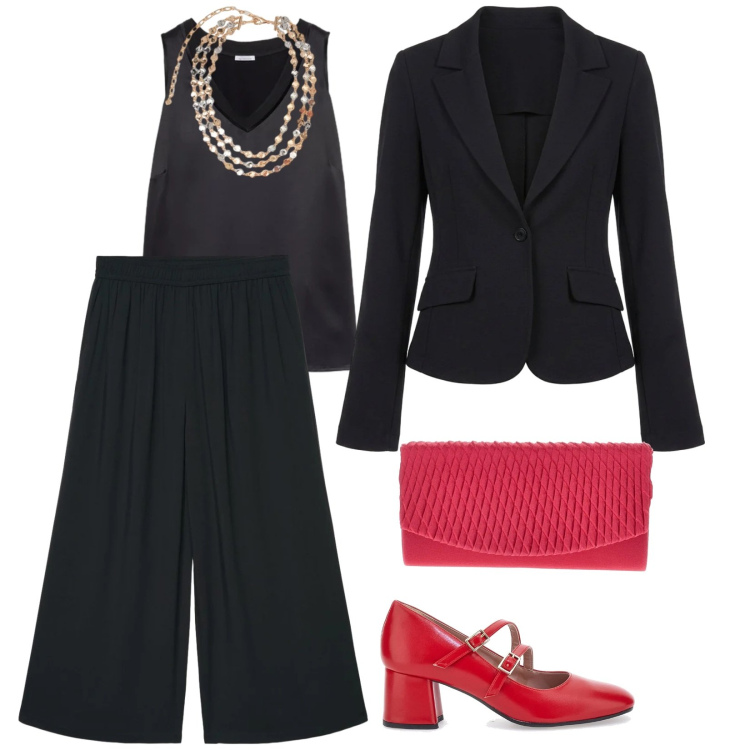 Outfit donna - La scarpa rossa. per Serata fuori. Abbinamento con pantaloni a palazzo, top, collane, blazer, pochette, décolleté.