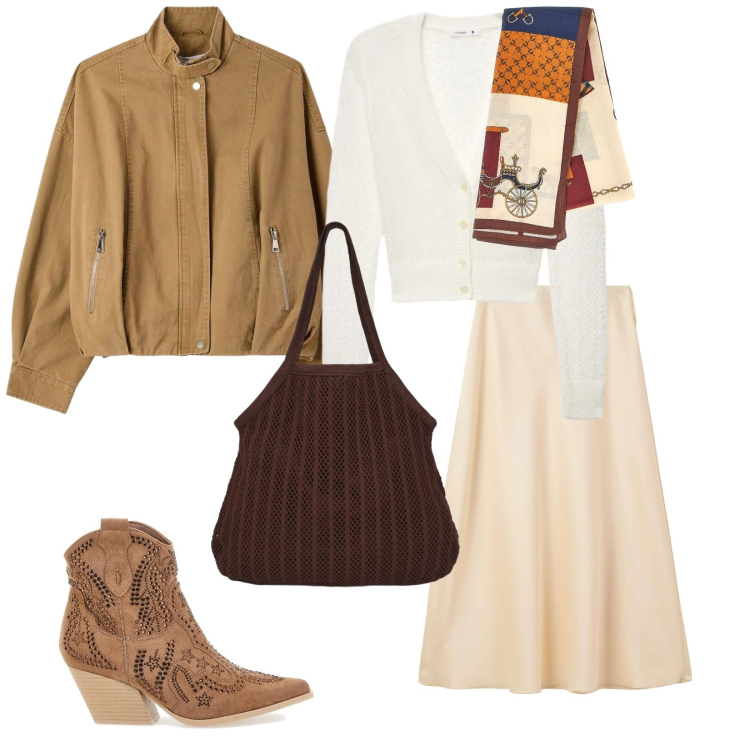 Outfit donna - Stivaletti marroni. per Tutti i giorni. Abbinamento con gonne lunghe, cardigans, shopping bag, bomber, stivaletti texani, foulard.