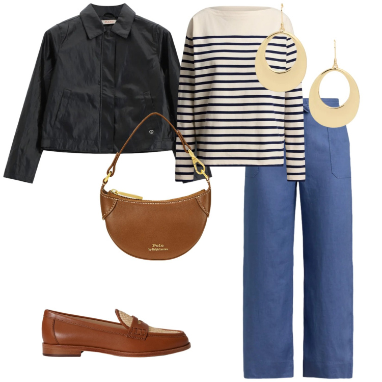 Outfit donna - Di giorno. per Tutti i giorni. Abbinamento con blazer, borse a tracolla, maglieria, mocassini, orecchini, pantaloni.