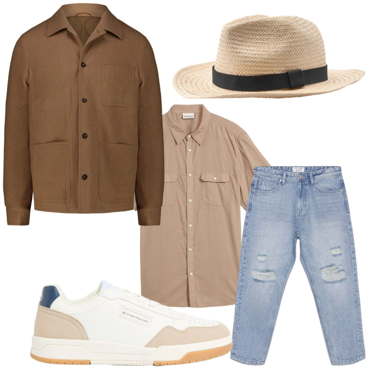 Outfit uomo - Passeggiare in centro. Stile Trendy per Tutti i giorni. Abbinamento con camicie a manica corta, sneakers, jeans strappati, cappotti, cappelli.