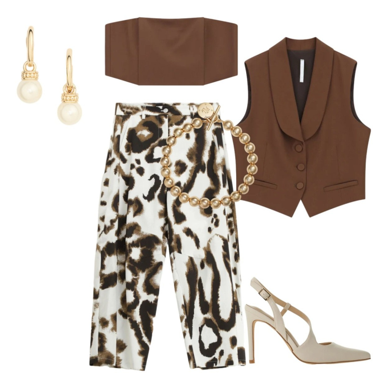 Outfit donna - Stile...eleganza e semplicità. Stile Glamour per Serata fuori. Abbinamento con pantaloni, gilet, décolleté, top, braccialetti, orecchini.