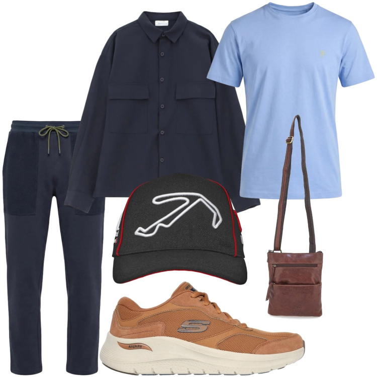 Outfit uomo - Tempo libero. Stile Trendy per Tutti i giorni. Abbinamento con cappelli con visiera, camicie, pantaloni, t-shirt, portafogli, sneakers.