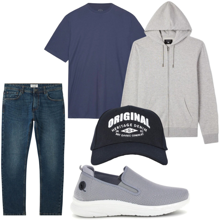 Outfit uomo - Sport in blue. Stile Casual per Tutti i giorni. Abbinamento con jeans, cappelli con visiera, felpe con cappuccio, t-shirt, scarpe stringate.