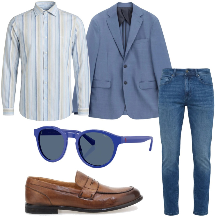 Outfit uomo - Righe in città. Stile Trendy per Tutti i giorni. Abbinamento con giacche, camicie, jeans slim fit, occhiali da sole, scarpe stringate.