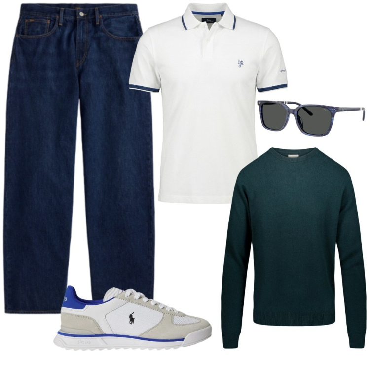 Outfit uomo - @anche.fragile. Stile Casual per Tutti i giorni. Abbinamento con polo, occhiali da sole, sneakers, jeans, maglieria.
