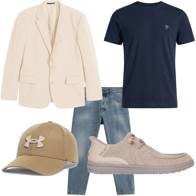 Outfit uomo - Blazer casual. Stile Casual per Tutti i giorni. Abbinamento con giacche, jeans, t-shirt, sneakers, cappelli con visiera.