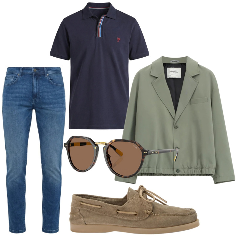 Outfit uomo - Mocassini e jeans. Stile Casual per Tutti i giorni. Abbinamento con giacche, scarpe stringate, jeans slim fit, polo, occhiali da sole.