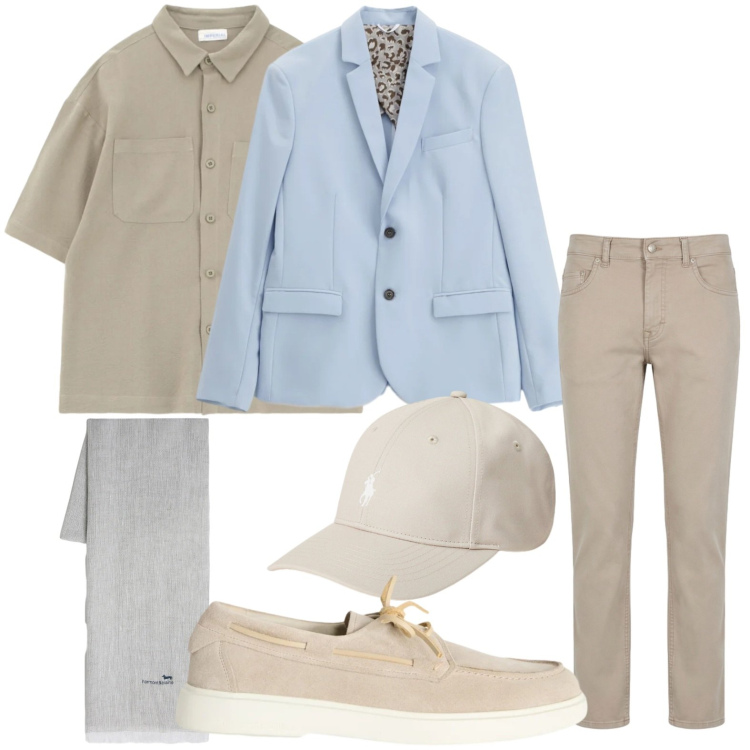 Outfit uomo - Coloro neutri. Stile Trendy per Ufficio. Abbinamento con giacche, camicie a manica corta, scarpe stringate, sciarpe, pantaloni, cappelli.