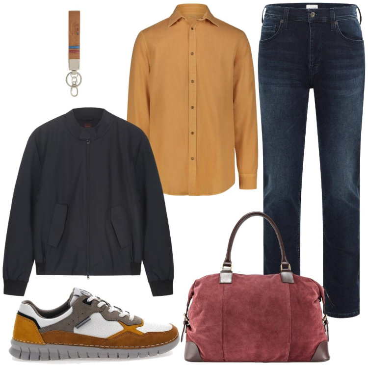 Outfit uomo - @colori.caldi. Stile Urban per Tutti i giorni. Abbinamento con jeans slim fit, portachiavi, sneakers, borse sportive, bomber, camicie.