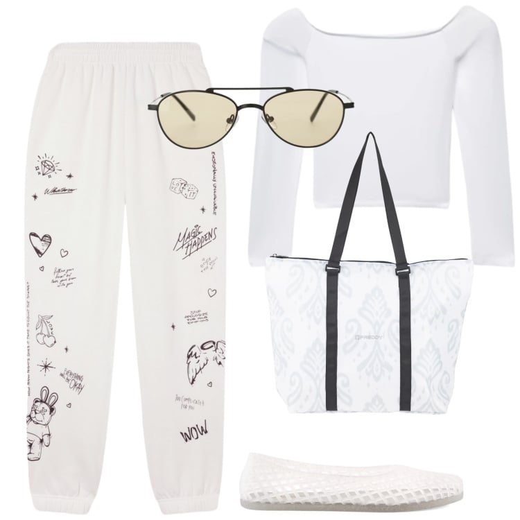 Outfit donna - Total white. Stile Casual per Tutti i giorni. Abbinamento con pantaloni, t-shirt, occhiali da sole, shopping bag, ballerine.