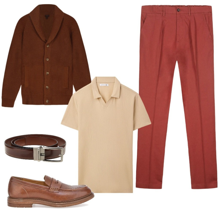 Outfit uomo - #pantaloni.misto.lino. Stile Casual per Ufficio. Abbinamento con polo, pantaloni, scarpe stringate, cardigans, cinture.