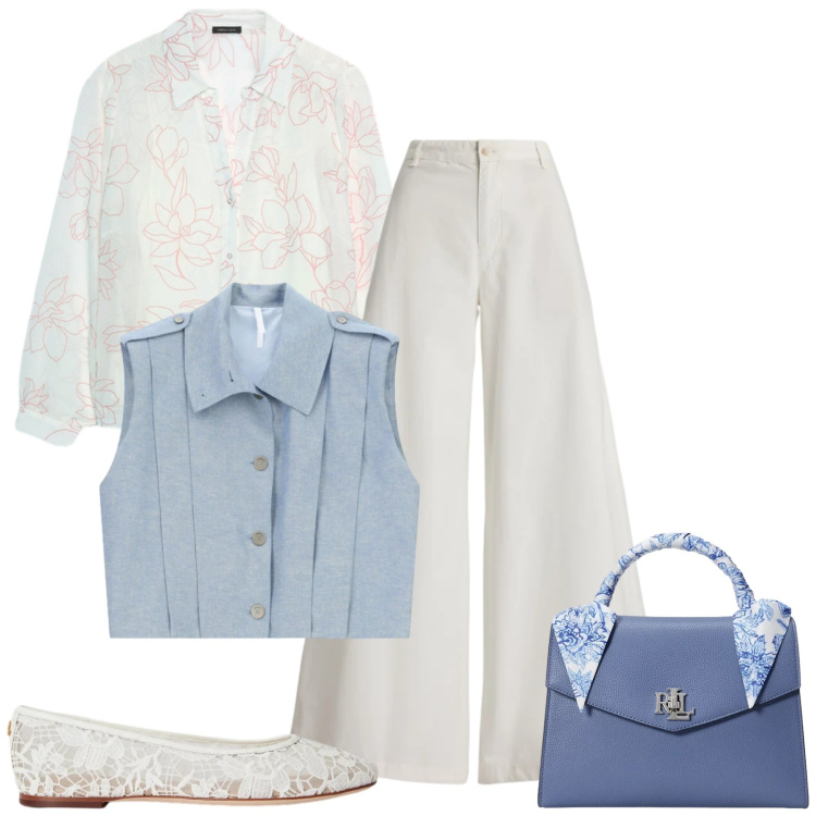 Outfit donna - Fresca e contemporanea. Stile Glamour per Tutti i giorni. Abbinamento con camicie, gilet, pantaloni, ballerine, borse a mano.