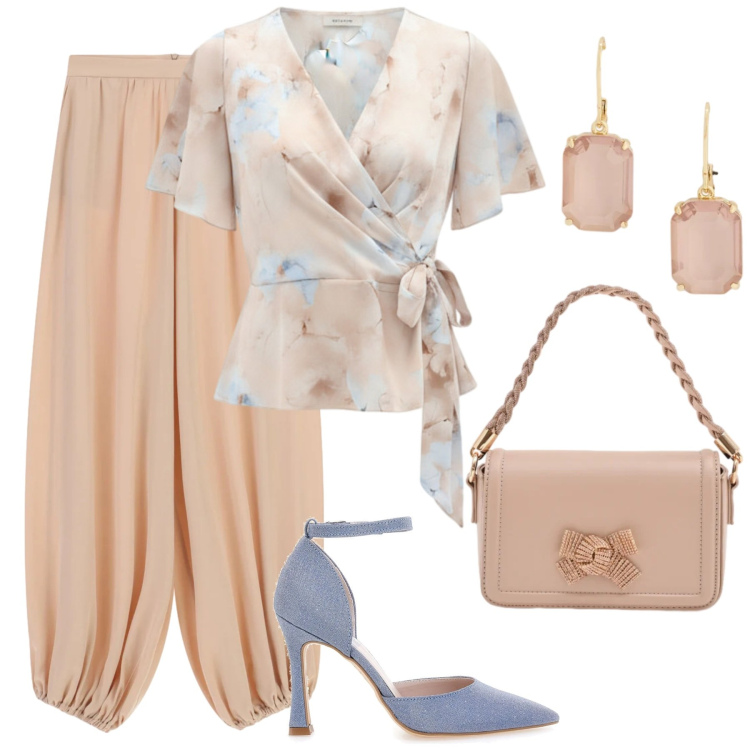 Outfit donna - Morbida e setosa. Stile Glamour per Tutti i giorni. Abbinamento con pantaloni a palazzo, bluse, pochette, orecchini, décolleté.