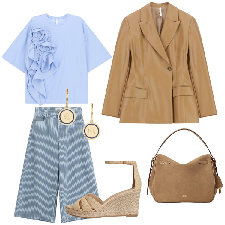 Outfit donna - Il cielo di primavera. Stile Casual chic per Tutti i giorni. Abbinamento con jeans, t-shirt, blazer, borse a mano, orecchini, espadrillas.