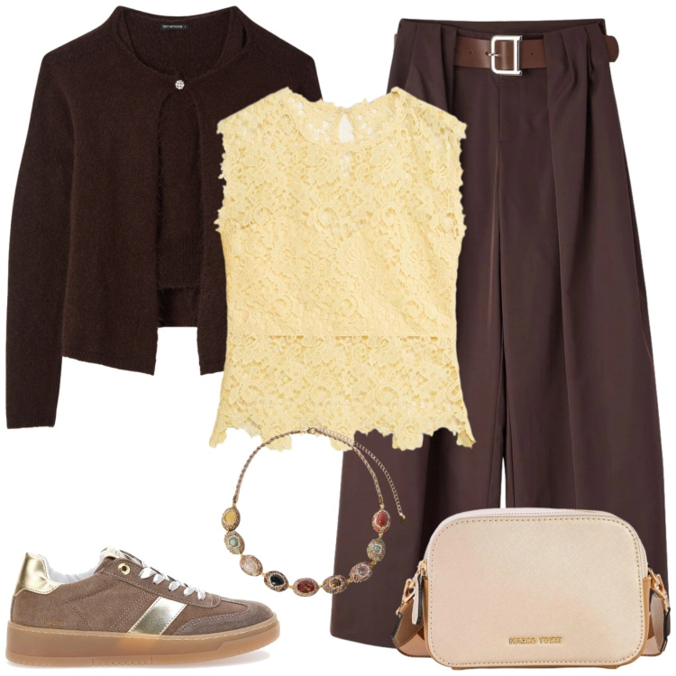 Outfit donna - Pantaloni palazzo cioccolato. Stile Casual chic per Tutti i giorni. Abbinamento con canottiere, borse a tracolla, cardigans, pantaloni, collane, sneakers.