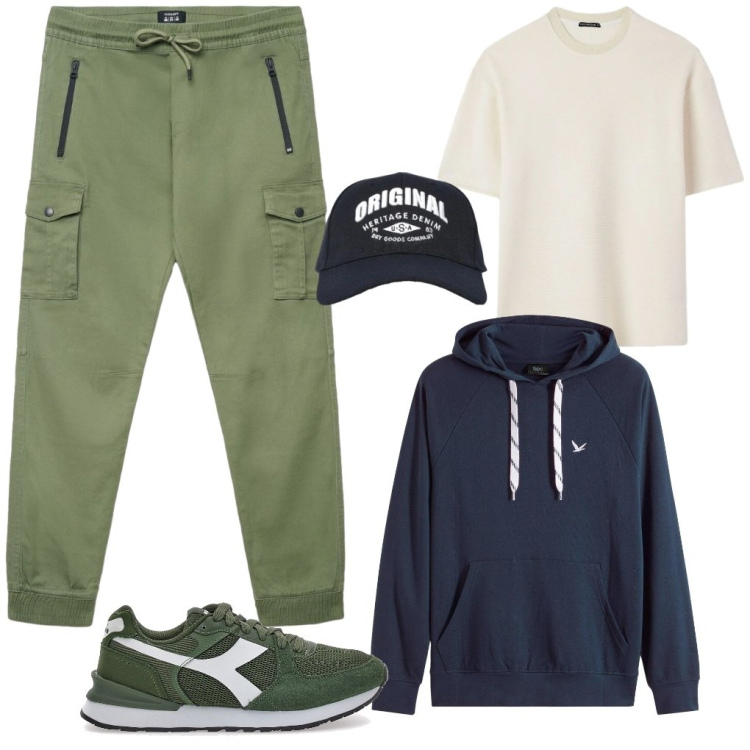 Outfit uomo - #a.spasso.con.Toby. Stile Urban per Tutti i giorni. Abbinamento con felpe con cappuccio, cappelli con visiera, pantaloni cargo, t-shirt, sneakers.