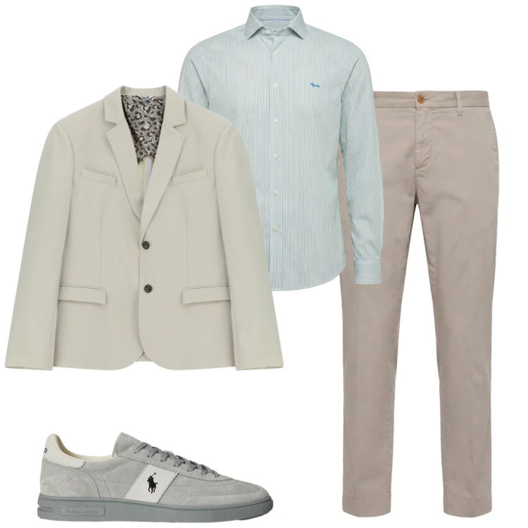 Outfit uomo - Aprile. Stile Urban per Ufficio. Abbinamento con giacche, camicie, pantaloni chino, sneakers.