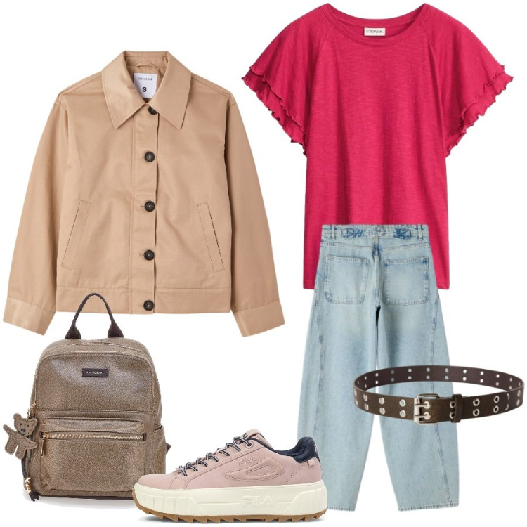 Outfit donna - Total look #2377859. Stile Casual chic per Scuola/Università. Abbinamento con t-shirt, jeans, cappotti, cinture, sneakers, zaini.