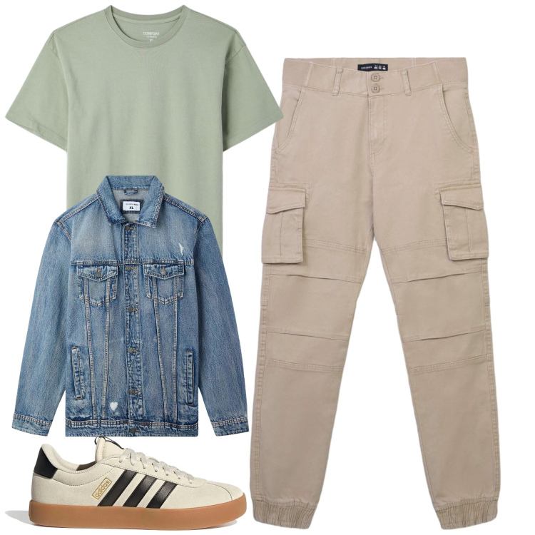 Outfit uomo - Total look #2377860. Stile Casual per Tutti i giorni. Abbinamento con giacche, pantaloni cargo, t-shirt, sneakers.