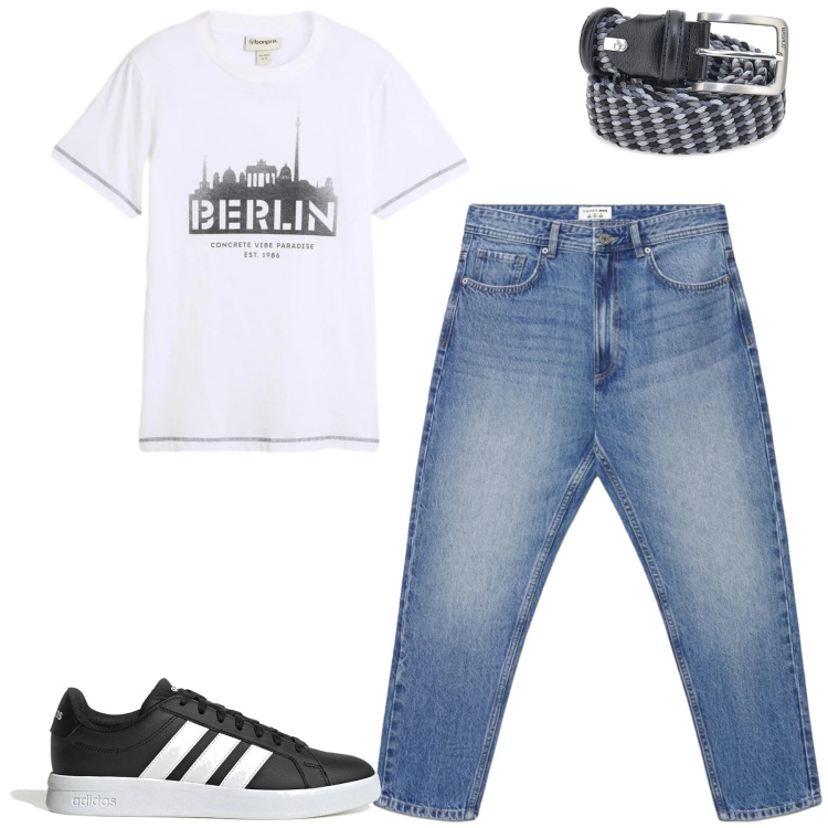 Outfit uomo - Aprile. Stile Casual per Tutti i giorni. Abbinamento con t-shirt, jeans, cinture, sneakers.