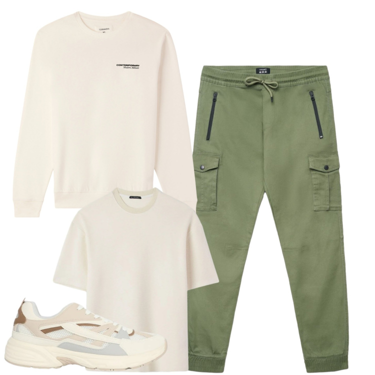 Outfit uomo - Terranova. Stile Casual per Tutti i giorni. Abbinamento con pantaloni cargo, sneakers, t-shirt, felpe.