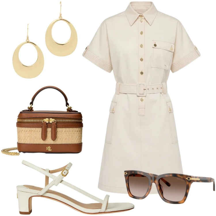 Outfit donna - Estate bon ton. Stile Bon Ton per Tutti i giorni. Abbinamento con vestiti chemisier, borse a tracolla, orecchini, occhiali da sole, sandali in pelle.
