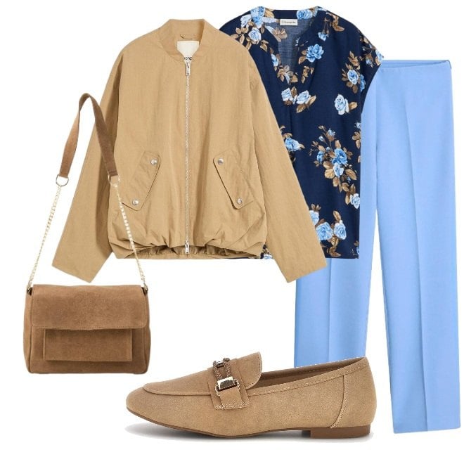 Outfit donna - Curvy style ufficio Aprile. Stile Urban per Ufficio. Abbinamento con pantaloni, bomber, bluse, borse a tracolla, mocassini.