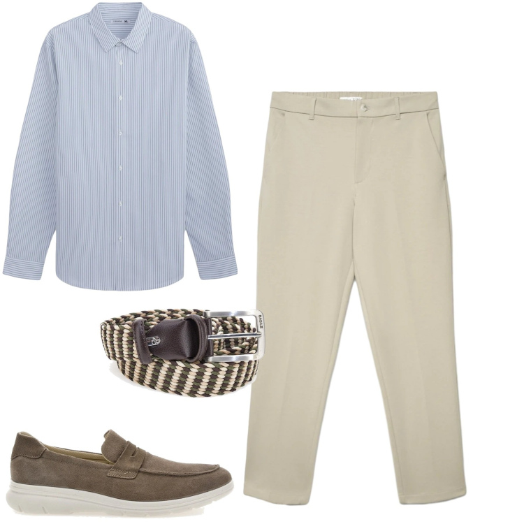 Outfit uomo - Aprile. Stile Urban per Tutti i giorni. Abbinamento con camicie, pantaloni chino, cinture, scarpe stringate.
