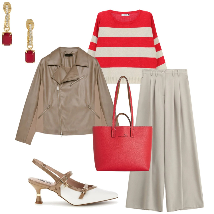 Outfit donna - Total look #2377878. Stile Casual chic per Tutti i giorni. Abbinamento con shopping bag, blazer, pantaloni a palazzo, maglieria, orecchini, décolleté.