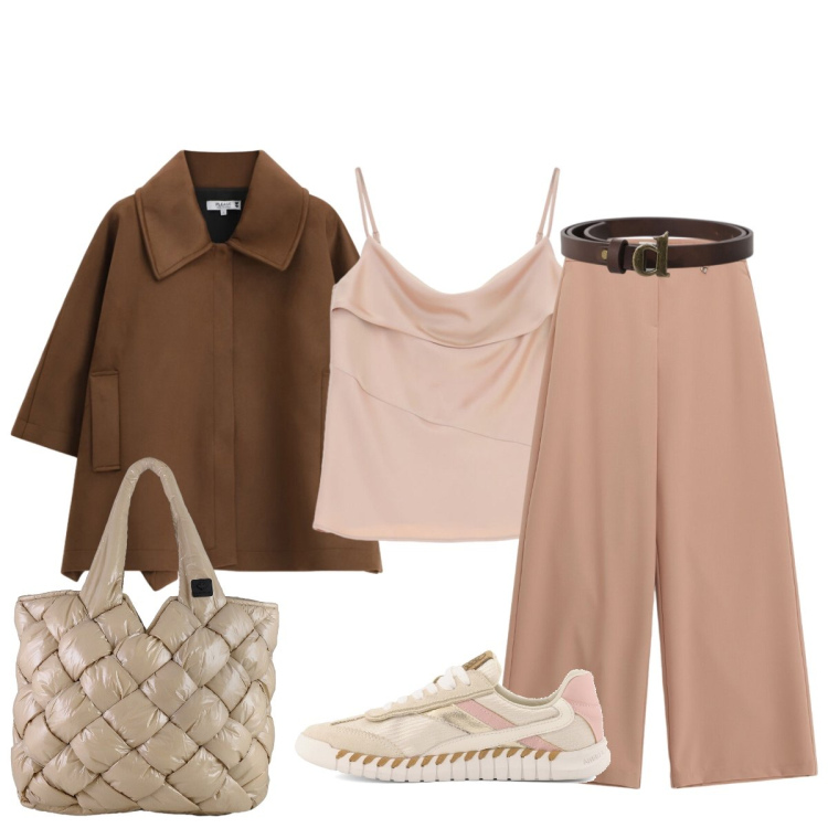 Outfit donna - Stile classico senza tempo. Stile Bon Ton per Tutti i giorni. Abbinamento con cappotti, canottiere, pantaloni a palazzo, cinture, borse tote, sneakers.