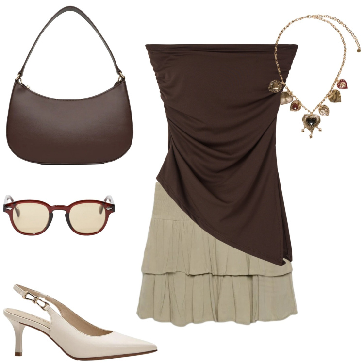Outfit donna - Terranova. Stile Trendy per Tutti i giorni. Abbinamento con décolleté, top, borse a tracolla, minigonne, collane, occhiali da sole.