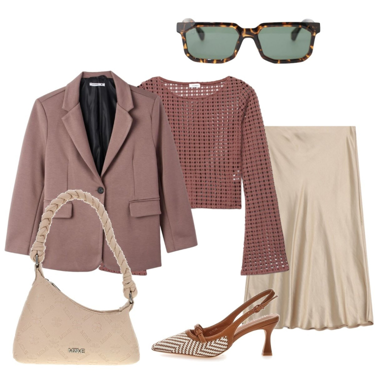 Outfit donna - In città. Stile Glamour per Tutti i giorni. Abbinamento con maglieria, blazer, occhiali da sole, gonne, borse a spalla, décolleté.