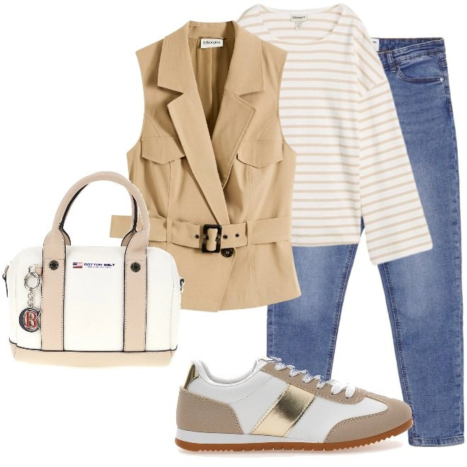 Outfit donna - Gilet cachi per curvy style. Stile Urban per Tutti i giorni. Abbinamento con maglieria, gilet, jeans skinny, sneakers, borse a mano.
