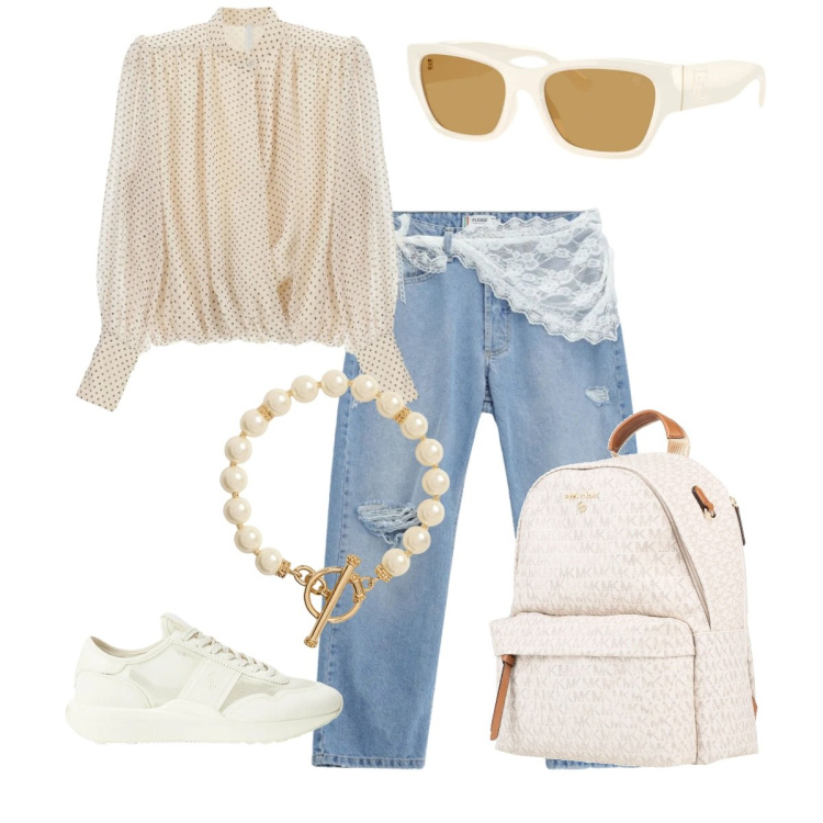Outfit donna - Elegante e sportiva. Stile Glamour per Serata fuori. Abbinamento con zaini, camicie, jeans strappati, sneakers, collane, occhiali da sole.