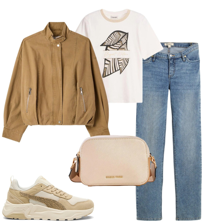 Outfit donna - City. Stile Casual per Tutti i giorni. Abbinamento con jeans dritti, t-shirt, borse a tracolla, bomber, sneakers.