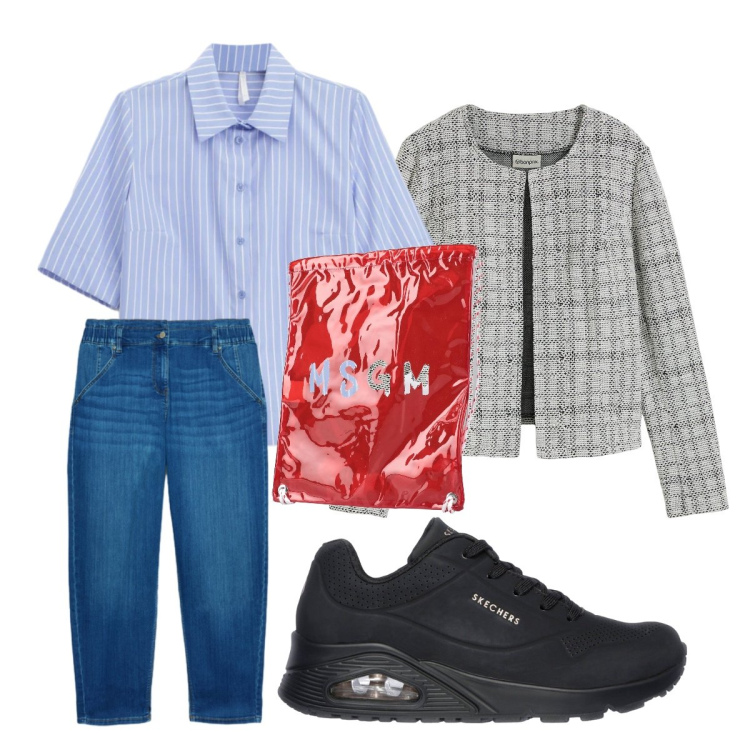 Outfit donna - Aprile ufficio. Stile Casual per Ufficio. Abbinamento con zaini, cardigans, jeans, camicie a manica corta, sneakers.