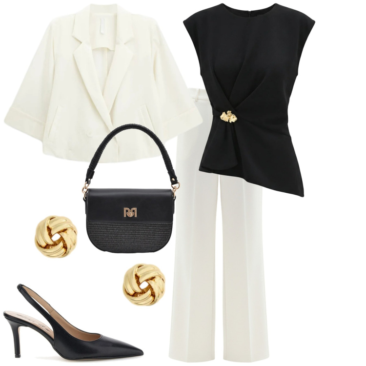 Outfit donna - Aperitivo. Stile Chic per Serata fuori. Abbinamento con blazer, pantaloni a palazzo, top, borse a spalla, orecchini, décolleté.