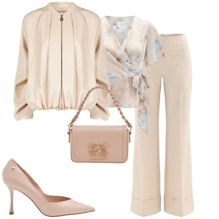 Outfit donna - Rinascimento. Stile Minimal per Tutti i giorni. Abbinamento con bluse, pantaloni a palazzo, bomber, pochette, décolleté.