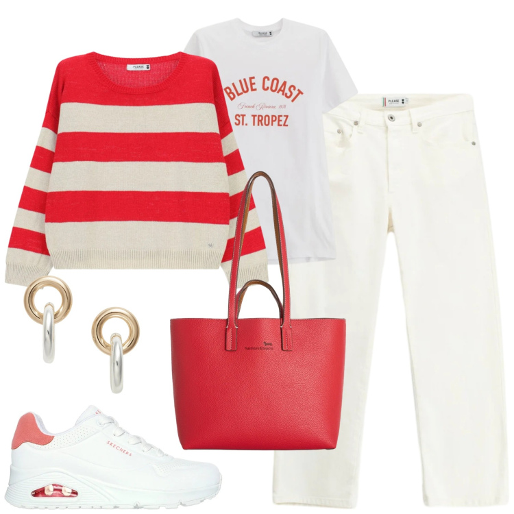 Outfit donna - City. Stile Casual per Tutti i giorni. Abbinamento con maglieria, pantaloni, t-shirt, shopping bag, orecchini, sneakers.
