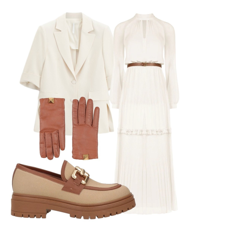 Outfit donna - Cloud dancer. Stile Romantica per Ufficio. Abbinamento con mocassini, guanti, blazer, vestiti lunghi.
