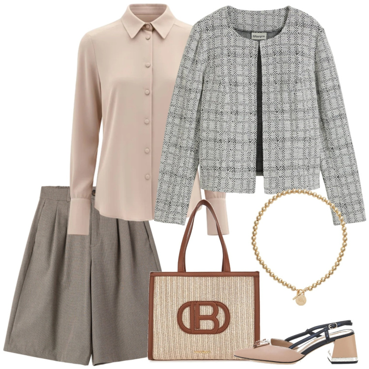 Outfit donna - Elegante coi bermuda. Stile Casual chic per Serata fuori. Abbinamento con cardigans, bermuda, camicie, collane, décolleté, borse a spalla.